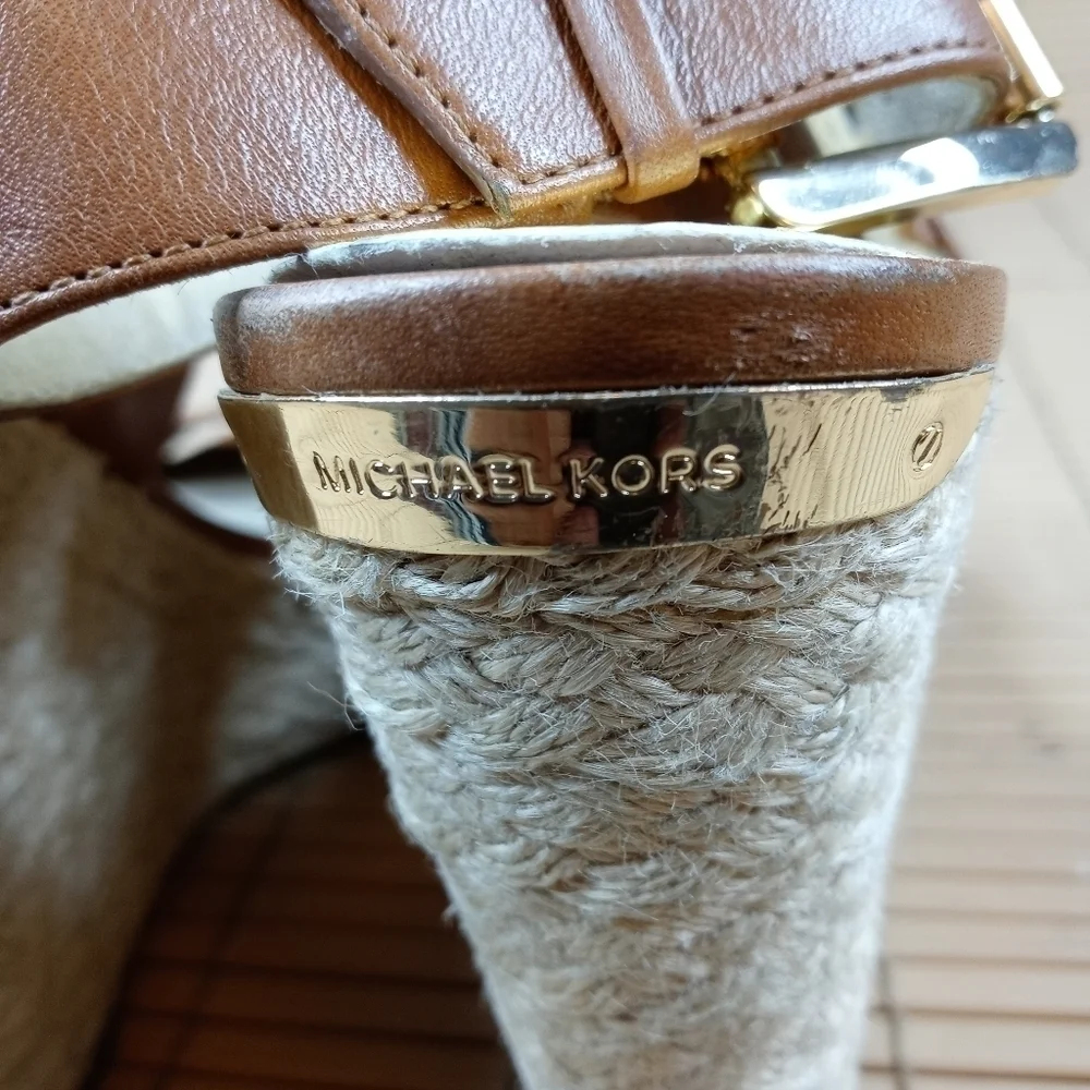 Michael Kors women's brown leather ankle strap wedge platform espadrille. 4